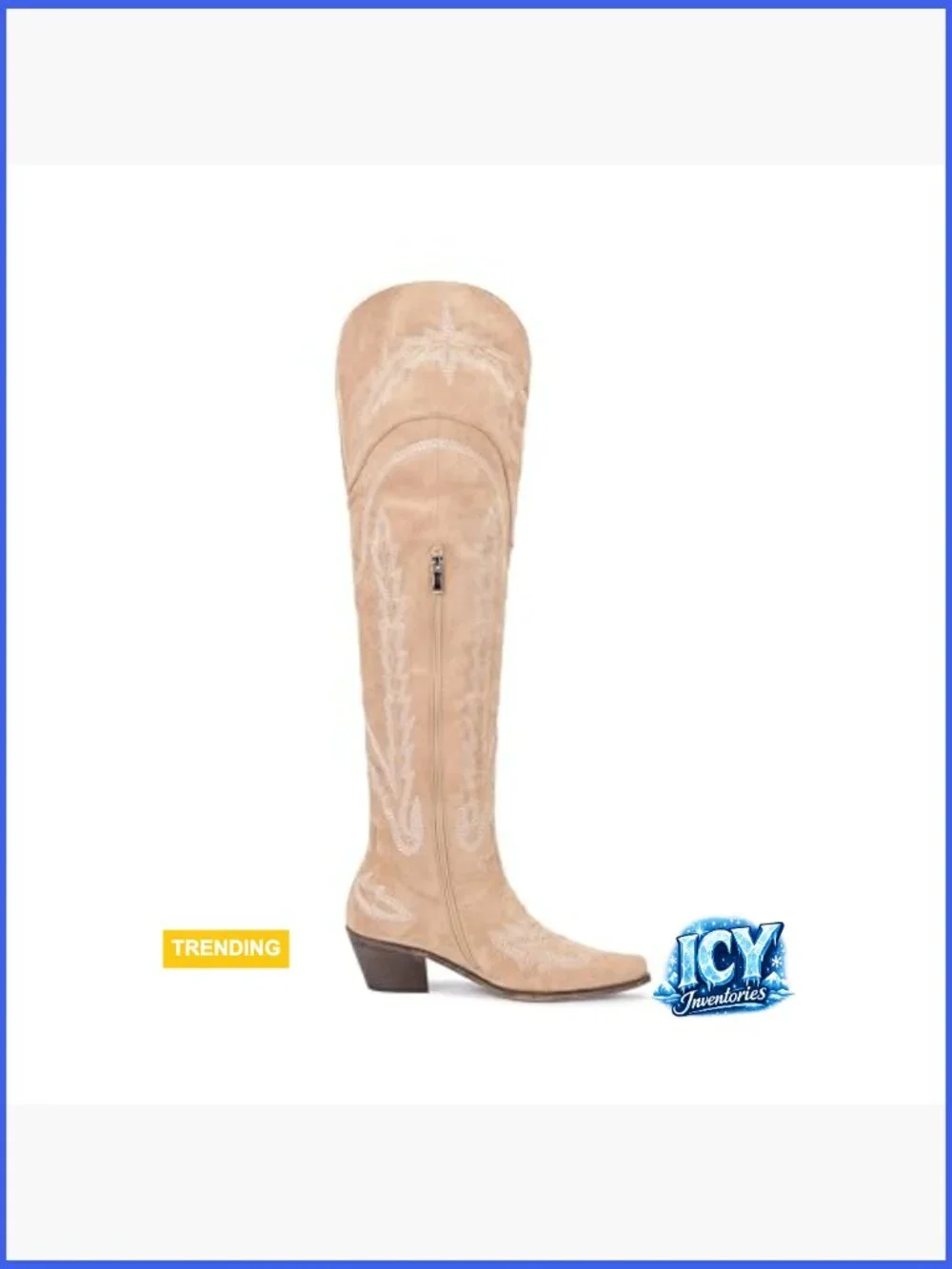 Over the Knee Embroidered Cowboy Boots Chunky Heel Suede Side Zip